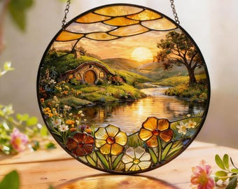 Acchiappasole in vetro colorato con paesaggio, decorazione per finestra rotonda fatta a mano, pannello in vetro con fiume al tramonto, arte in vetro con scena naturale, regalo per la festa della mamma