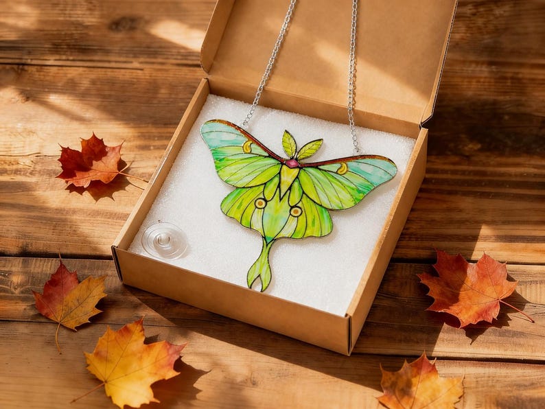 May include: A stained glass luna moth suncatcher with vibrant lime green and yellow wings, featuring dark brown outlines and a small pink center detail. The moth is attached to a silver metal chain and rests inside a cardboard box with white foam.