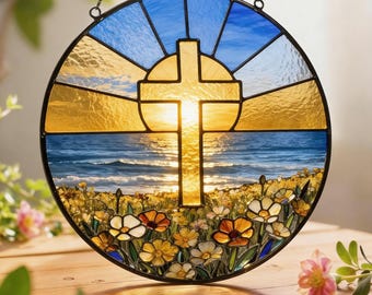 Stained Glass Cross Suncatcher, Sunrise Cross Round Glass, Round Christian Window Hanging, Spiritual Home Decor, Religious Gift for Mom