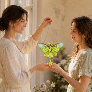 May include: A stained glass suncatcher shaped like a luna moth with vibrant lime green wings, dark green vein details, and a small pink center accent. The moth is suspended by a thin silver metal chain, showcasing translucent glass panels.