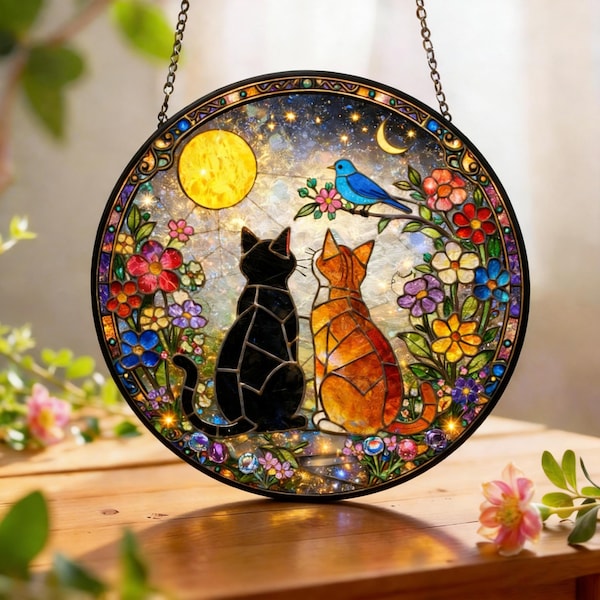 Cat Pair Stained Glass, Round Window Decor with Flowers, Cozy Home Accent, Wedding Anniversary Gift
