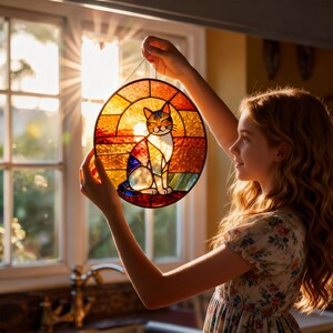 Handmade Stained Glass Cat Suncatcher, Sunset Cat Window Hanging, Round Glass Window Decor, Cozy Gift for Cat Lovers image 5
