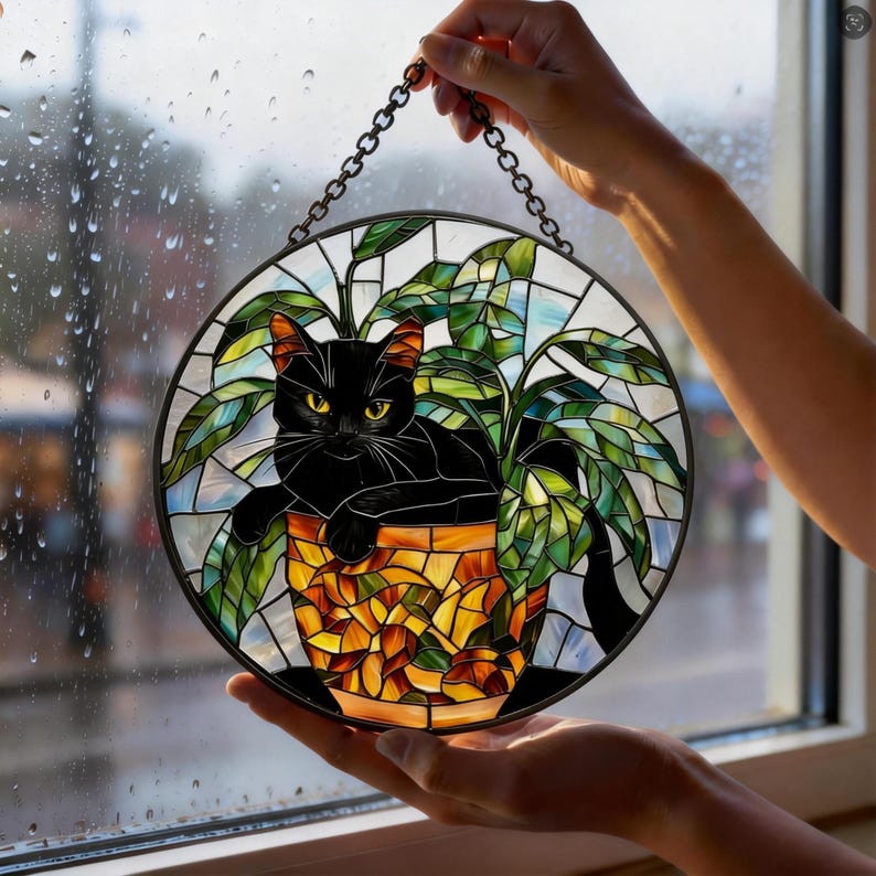 Black Cat Stained Glass Suncatcher, Botanical Cat Glass Decor, Round Cat Stained Glass, Decor Gift for Cat Lovers Mom Friend image 12