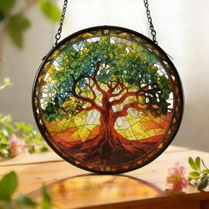 Tree of Life Stained Glass Art, Round Botanical Glass Suncatcher, Round Art Glass Window Hanging, Valentine’s Day Gift, Mother's Day Gift