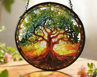 Witraż "Drzewo Życia", okrągły botaniczny szklany łapacz słońca, okrągła zawieszka na okno ze szkła artystycznego, prezent na Walentynki, prezent na Dzień Matki