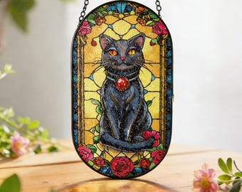 Finestra in vetro colorato a forma di gatto, acchiappasole ad arco a forma di gatto, pannello ad arco da appendere, regalo per gli amanti dei gatti