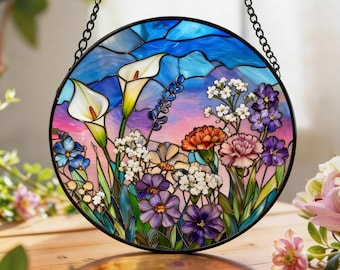 Witrażowy łapacz słońca z dzikimi kwiatami, okrągły kwiatowy wieszak na okno, ręcznie robiony kwiatowy łapacz słońca, prezent dla miłośnika ogrodów, prezenty świąteczne