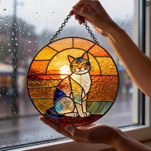 Handmade Stained Glass Cat Suncatcher, Sunset Cat Window Hanging, Round Glass Window Decor, Cozy Gift for Cat Lovers image 6