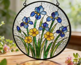 Witrażowa dekoracja okienna z irysem, niebiesko-żółta szklana dekoracja kwiatowa, ręcznie robiony łapacz słońca z motywem kwiatowym, szklana sztuka inspirowana ogrodem, prezent dla niej