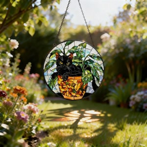 Black Cat Stained Glass Suncatcher, Botanical Cat Glass Decor, Round Cat Stained Glass, Decor Gift for Cat Lovers Mom Friend image 10