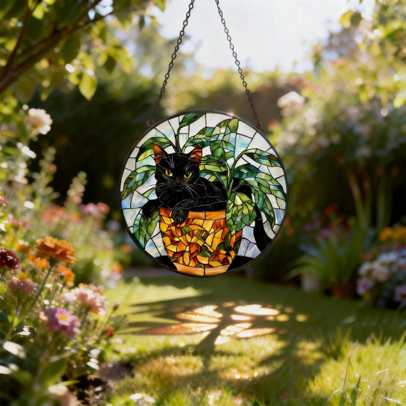 Black Cat Stained Glass Suncatcher, Botanical Cat Glass Decor, Round Cat Stained Glass, Decor Gift for Cat Lovers Mom Friend image 10