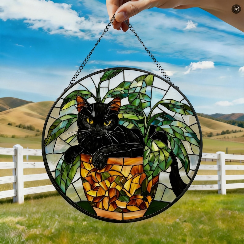 Black Cat Stained Glass Suncatcher, Botanical Cat Glass Decor, Round Cat Stained Glass, Decor Gift for Cat Lovers Mom Friend image 3
