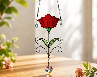 Red Flower Suncatcher Window Hanging, Crystal Heart Sun Catcher, Floral Window Decor, Garden Gift, Home Decoration Art