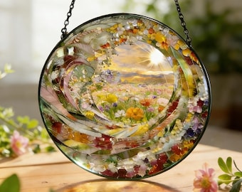 Acchiappasole rotondo in vetro colorato, pendente in vetro con prato floreale, decorazione per finestre ispirata alla natura, regalo artistico in vetro colorato