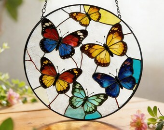 Ręcznie robiony witraż motylkowy, okrągły kolorowy łapacz światła, wiosenna sztuka natury do domu