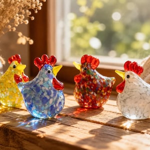 Pollitos de vidrio soplado a mano de colores, adorno de animal de granja brillante, mini arte de vidrio, regalo para estante de ventana, regalo para abuela