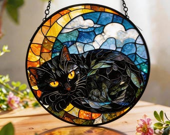 Czarny kot, witrażowy łapacz słońca, okrągła zawieszka na okno z kotem, ręcznie robiona szklana dekoracja artystyczna z kotem, prezent dla miłośnika kotów, prezent na Dzień Matki
