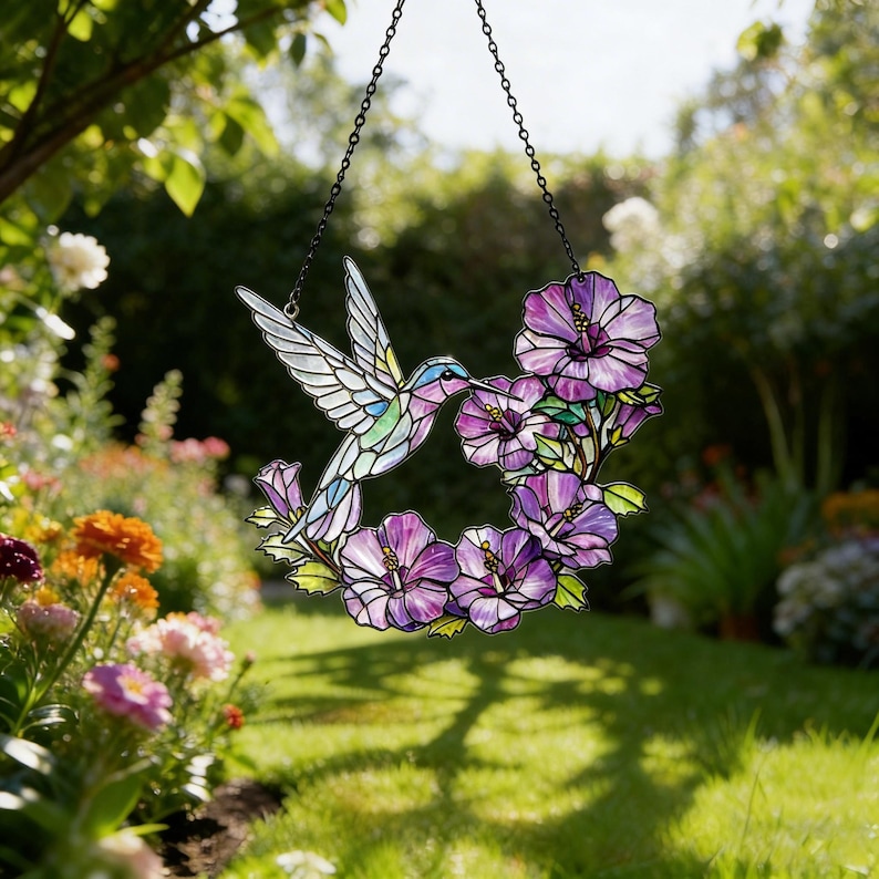 May include: A stained glass hummingbird with outstretched wings, feeding from a wreath of purple hibiscus flowers. The colorful bird has blue, green, and white accents. The decorative piece hangs from a black chain, perfect for garden decor.