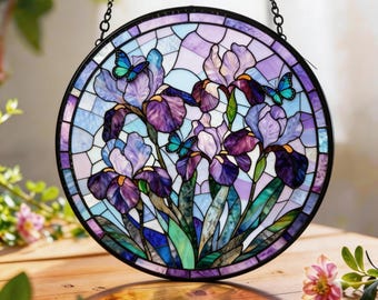 Łapacz słońca z witrażem irys, zawieszka na okno z fioletowym kwiatem, okrągła szklana dekoracja kwiatowa, ręcznie robiony szklany wiszący kwiat irysa, prezent na Dzień Matki