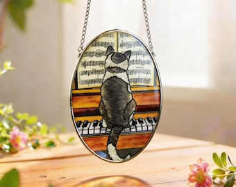 black orange Cat Stained Glass Suncatcher | Handmade Window Hanging Art |  round glass decor | gift for mom | Cat Lover Gift