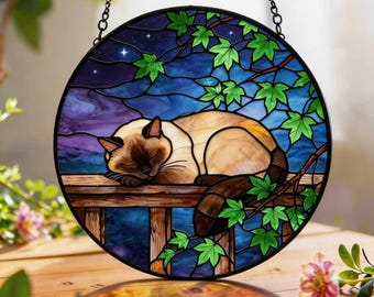 Witrażowy łapacz słońca z kotem, okrągły, śpiący kot, zawieszka na okno, ręcznie robiona szklana sztuka ze zwierzętami, prezent dla miłośnika kotów, prezent na Dzień Matki