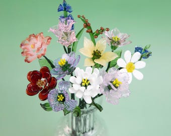 Birth Month Glass Flower | Handmade Blown Glass Birthday Flower Gift | 12 Month Floral Decor in Vase | Unique Gift for Her, Mom, Friend