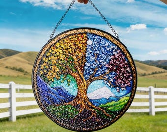Acchiappasole in vetro colorato con albero della vita / Pendente rotondo in vetro / Decorazione per finestra con albero delle quattro stagioni / Regalo per lei