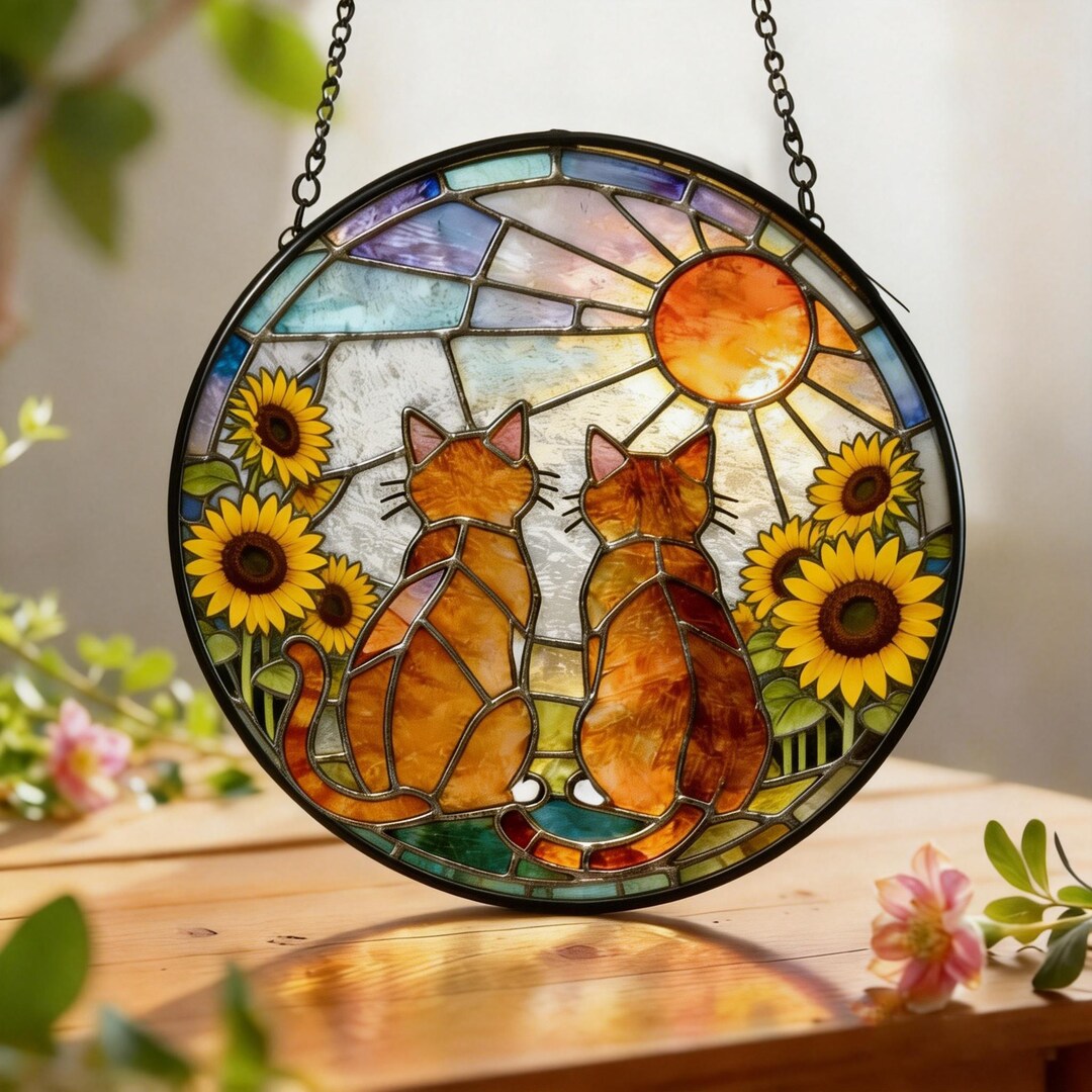 Stained Glass Cat Suncatcher Round, Sunflower Window Hanging, Handmade ...