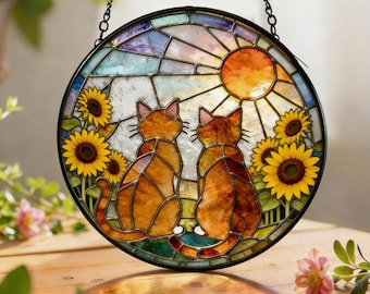 Acchiappasole rotondo in vetro colorato a forma di gatto, da appendere alla finestra con girasole, regalo artistico in vetro fatto a mano per gli amanti dei gatti