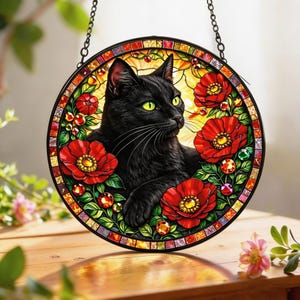 Atrapasol de gato negro con vitrales, arte floral para colgar en la ventana, atrapasol redondo con forma de gato, regalo para amantes de los gatos, decoración para la ventana del hogar
