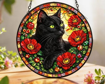 Witrażowy łapacz słońca z czarnym kotem, kwiatowa zawieszka na okno z kotem, okrągły łapacz słońca z kotem, prezent dla miłośnika kotów, dekoracja okna domowego