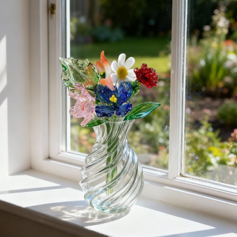 May include: A clear glass vase with a spiral design holds a colorful bouquet of glass flowers. The flowers include red, white, blue, orange, and pink blooms with green leaves. The vase sits on a white windowsill.