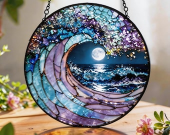 Łapacz słońca z witrażem „Księżyc i ocean”, zawieszka na okno z motywem księżycowego morza, sztuka na szkle z motywem fal, wisząca sztuka nadmorska, pomysł na prezent dla miłośnika oceanu