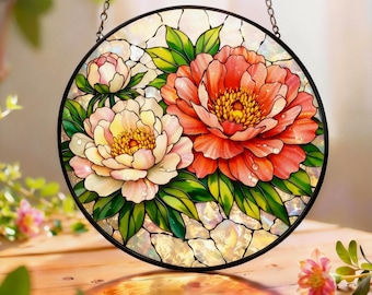 Acchiappasole rotondo in vetro colorato con peonia, da appendere alla finestra con fiori fatti a mano, decorazione per finestra in vetro colorato con peonia rosa, regalo elegante per la mamma o per lei