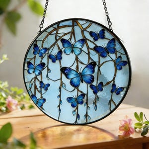 Stained Glass Butterfly, Round Blue Butterfly Window Art, Handmade Light Catcher, anniversary gift
