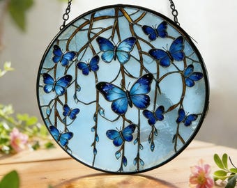 Stained Glass Butterfly, Round Blue Butterfly Window Art, Handmade Light Catcher, anniversary gift