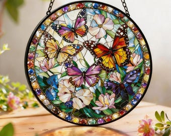Ręcznie wykonany witrażowy łapacz słońca w kształcie motyla, okrągły motyl wiszący na okno, prezent dla mamy, miłośnika ogrodów