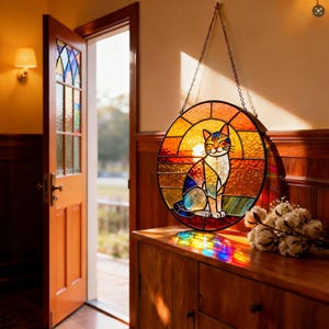 Handmade Stained Glass Cat Suncatcher, Sunset Cat Window Hanging, Round Glass Window Decor, Cozy Gift for Cat Lovers image 4
