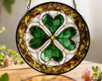 Okrągły, szklany łapacz słońca z koniczyną, wisząca dekoracja w stylu witrażu, dekoracja witrażowa z koniczyną