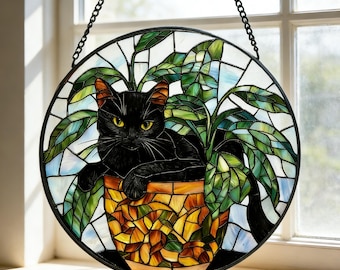 Czarny kot witrażowy łapacz słońca, botaniczna dekoracja szklana z kotem, okrągły witraż z kotem, prezent dekoracyjny dla mamy i przyjaciółki miłośników kotów