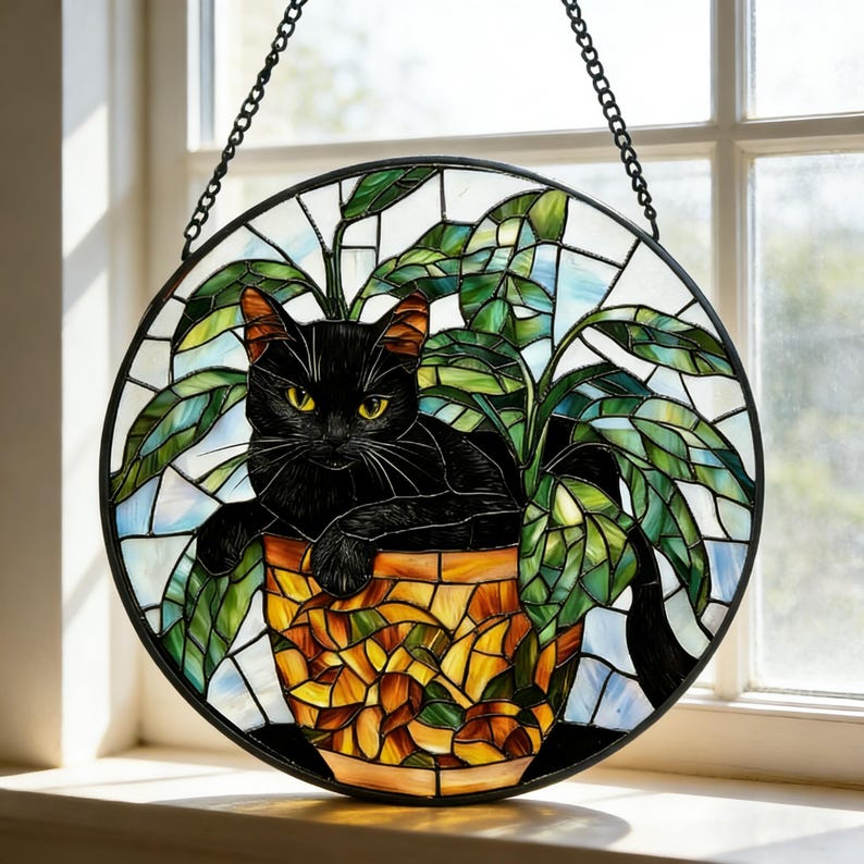 May include: Round stained glass window art featuring a black cat in a yellow and orange pot with green leaves. The cat has yellow eyes and is surrounded by a mosaic of blue, white, and green glass. A black chain is attached for hanging.