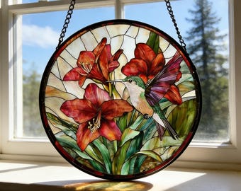 Witraż z kolibrem i lilią, prezent w postaci łapacza słońca inspirowanego naturą, witraż z kolibrem