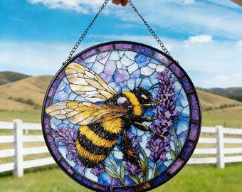 Witraż z motywem pszczoły, okrągły łapacz słońca z motywem kwiatowym do okien oświetlonych słońcem, wystrój domu inspirowany naturą, prezent dla miłośnika natury