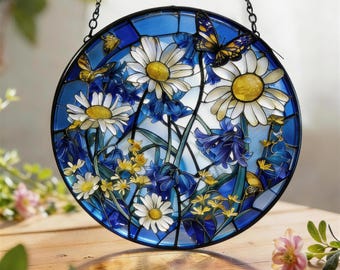 Blue Daisy Floral Stained Glass Art, Butterfly Window Suncatcher, Bright Sunlit Home Decor, Spring Gift for Garden Lovers