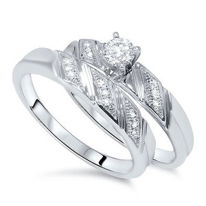 Diamond Engagement Ring Bridal Set Matching Wedding Band 14 Karat White Gold image 1