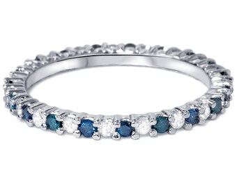 1/2CT Blue & White Diamond Eternity Wedding Anniversary Ring 14K White Gold Stackable Band Size (4-9)