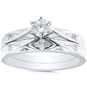 Diamond Engagement Ring Matching Wedding Band Bridal Ring Set 14K White Gold Size 4-9