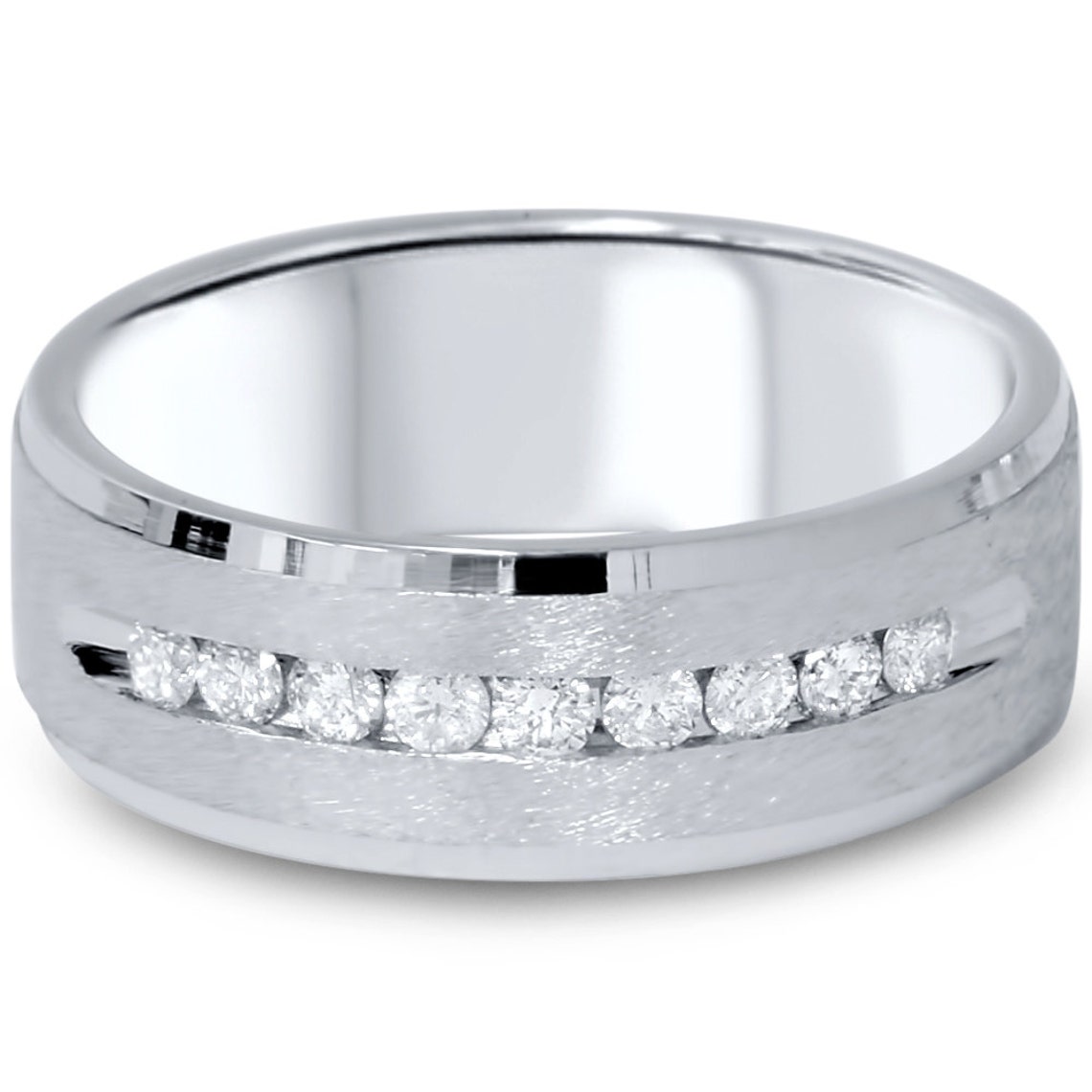 Mens Diamond Brushed Comfort Fit Wedding Band 7MM Beveled Ring Etsy