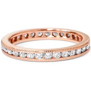 Rose Gold Diamond Eternity Ring 1.00CT 14K Rose Gold Wedding Band Stackable Ring Size 4-9 Womens Channel Set Rose Gold Band Milgrain Accent