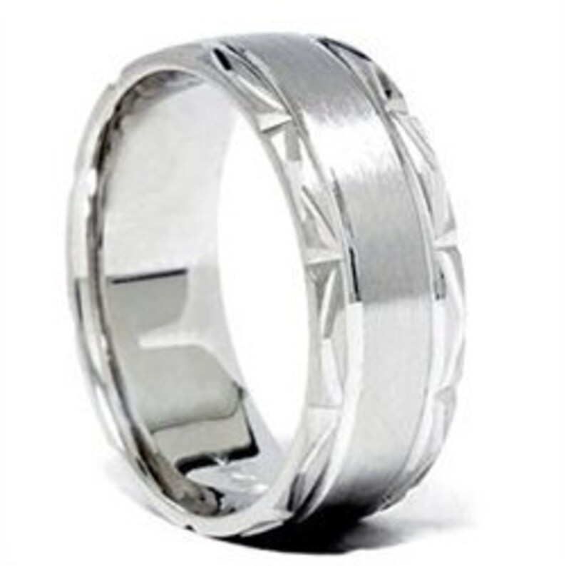 Mens Platinum Wedding Band Hand Carved Brushed 7MM Bridal